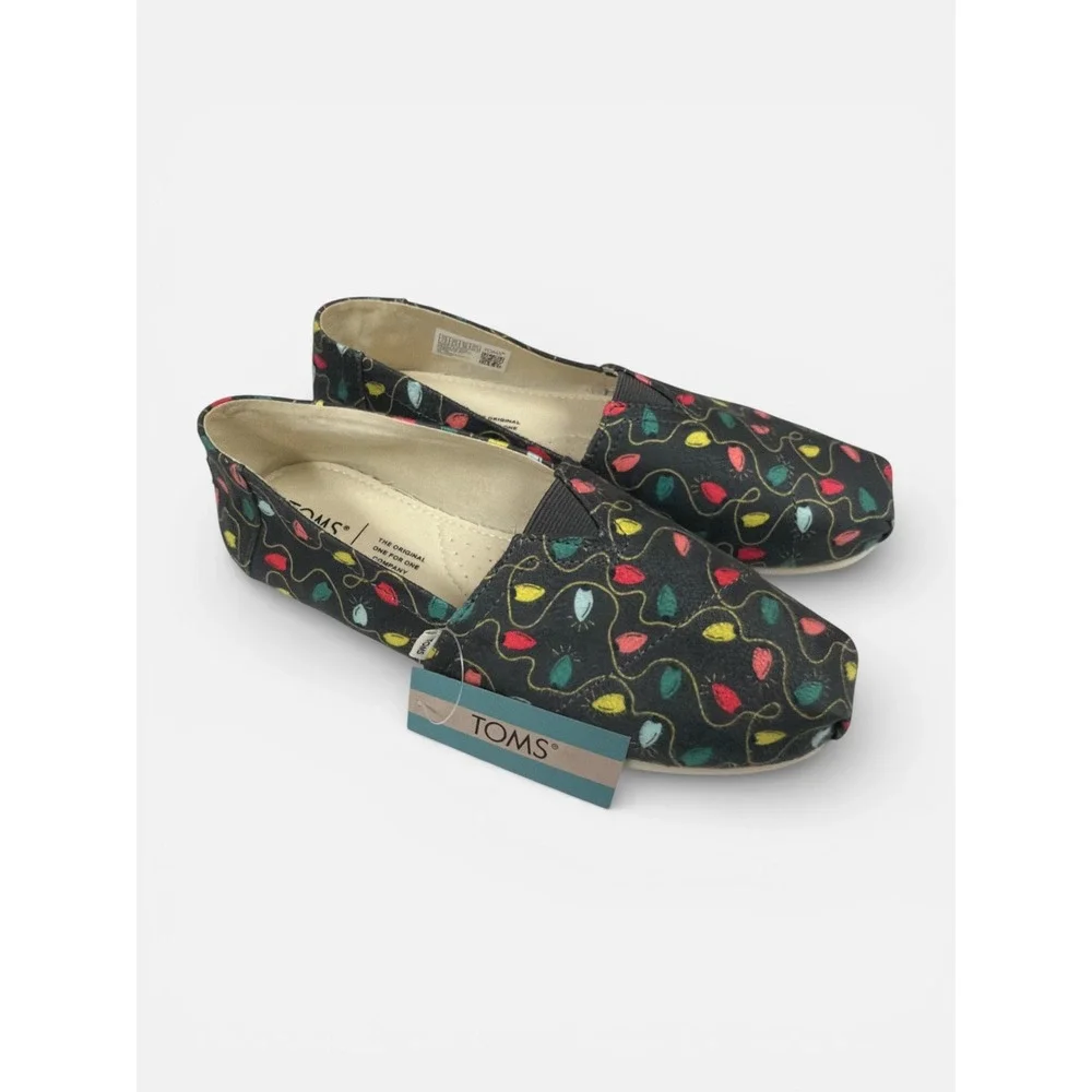 TOMS‎ Belmont  7.5 Forged Iron Tree Lights Print Christmas Slip On Flats NEW